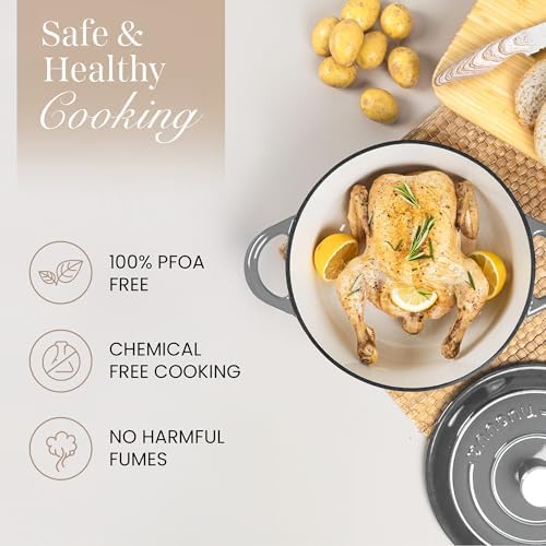 Cast Iron Pot with Lid-Non-Stick Ovenproof Enamelled Casserole Pot, Oven Safe up to 500° F-Sturdy Dutch Oven Cookware - Grey, 5-Quart, 24cm-by Nuovva - Image 4