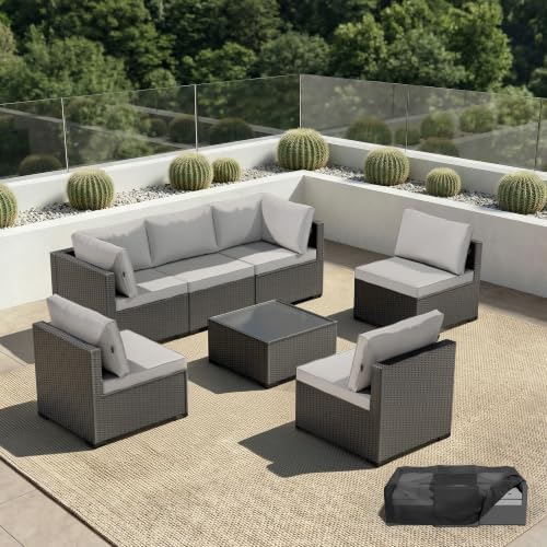 Patio Furniture Set - All-Weather - 7 Piece Patio Outdoor Conversation Set, Modular Wicker Rattan Sectional Sofa for Backyard, Garden, Poolside, Balcony, Porch, Patio,Black/Light Gray by Unknown
