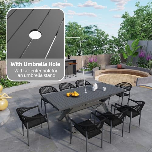 6-8 Seats Extendable Patio Table, Aluminum Dining with Umbrella Hole - Image 4