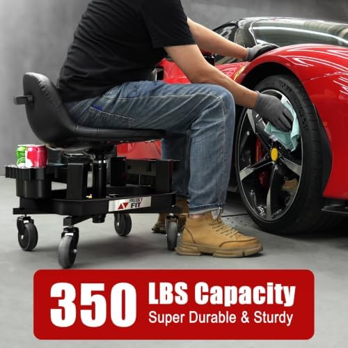 Rolling Stool with Wheels, Adjustable Shop Stool Mechanic Seat, Garage Shop Roller Work Chair, Mobile Rolling Seat with Tool Tray, 2 Cup Holders, 4" Casters, 350 LBS, Heavy-Duty, Black - Image 3