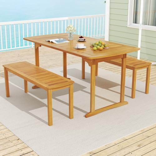 Tangkula 3 Piece Acacia Wood Patio Dining Table Set, 63" Large Patio Table & 2 Backless Benches w/Umbrella Hole, Farmhouse Indoor Outdoor Diner Furniture for Garden Poolside Deck Kitchen - Image 3
