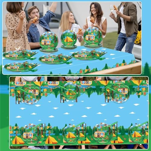 OBUSATT Camping Party Decoration Happy Camper Party Plates Napkins Tablecloth Camping Adventure Party Supplies Camping Birthday Disposable Tableware Set for Camping Themed Events Supplies Serve 25 - Image 6