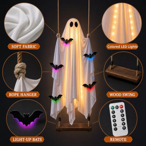5FT Halloween Hanging Swing Ghost Decorations Outdoor with Lights, Large Hanging Swing Ghost with 6 3D Bats, Remote Timer Waterproof Ghost Decor for Front Porch Yard Tree - Image 5