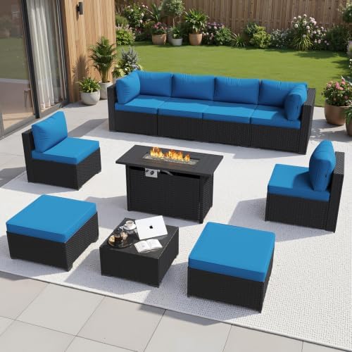 Aoxun 10 Piece Outdoor Patio Furniture Set with 44'' Fire Pit Table, Outdoor Patio Furniture Sets with Coffee Table, Wicker Rattan Outdoor Conversation Set with Ottoman for Backyard, Peacock Blue by Aoxun