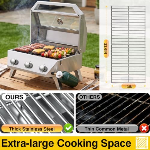 BESTFIRE 3 Burner Propane Grill, 30000 BTU Stainless Steel Tabletop BBQ, Portable Gas BBQ with Glass Lid, Thermometer & Dual Tank Adapter for 1lb/20lb, Outdoor Camping Tailgating 29.72" Wide - Image 4
