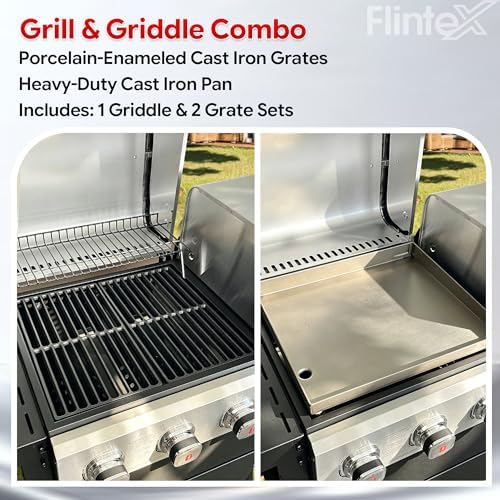 Flintex Gas and Charcoal Grill Combo with Griddle, Propane Grill Griddle Combo with Dual Fuel BBQ System, 720 sq.in. Cooking Area, Porcelain-Enameled Cast Iron Grates and Pan - Image 3
