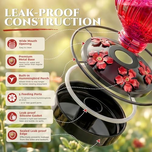 Glass Hummingbird Feeder for Outdoors Hanging, 26 fl oz Bird Nectar Feeder - Image 5