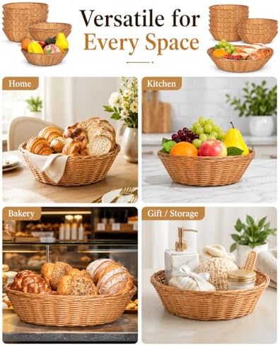 Bread Basket, 8 Pack 9.45 Inch Large Gift Round Food Storage Basket Bin, Bread Container For Serving Wicker Baskets For Kitchen, Restaurant, Christmas Gifts - Image 4