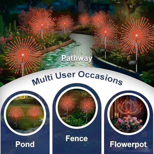 Solar Garden Lights Outdoor, 2 Pack 120 LED Twinkling Firework Lights Decorative with 2 Modes, Outdoor Waterproof Solar Starburst Light for Outside Yard Pathway Garden Decor, Orange - Image 5