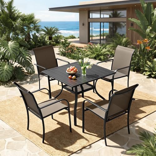 Incbruce 5 Pieces Patio Dining Set, Outdoor Dining Set of 4 Textilene Chairs and Square Table with Umbrella Hole for Backyard, Garden, and Poolside (Brown) - Image 7