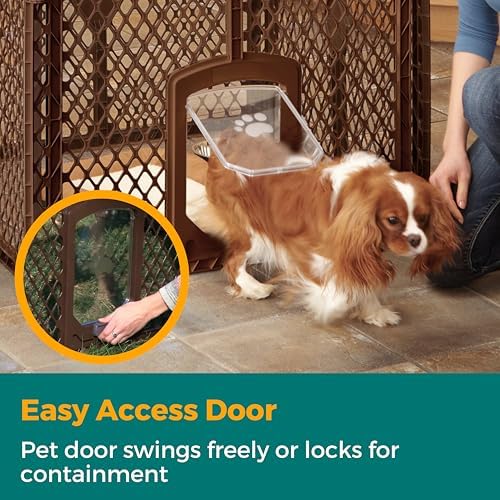 MyPet North States Petyard Passage: 4-Panel Folding Dog Playpen Indoor or Outdoor. 7 sq. ft. Puppy Playpen, Lockable Pet Door. Freestanding Play Pen Dog Gate. Made in USA. 26" Tall, Brown - Image 3