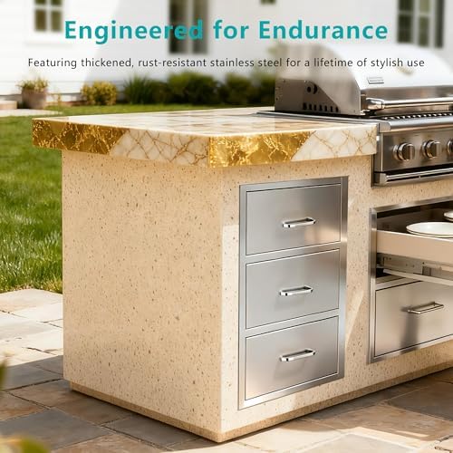 Outdoor Kitchen Drawers, 3-Drawer Stainless Steel Flush-Mount BBQ Drawer Cabinet with Full-Extension Slides, 18 in. W x 23 in. H x 23 in. D, for BBQ Island, Grill Station and Patio Kitchen - Image 5