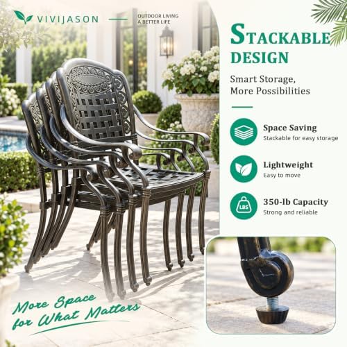 VIVIJASON 5-Piece Patio Furniture Dining Set, All-Weather Cast Aluminum Outdoor Conversation Set, Include 4 Cushioned Chairs and a 35.4" Round Table w/Umbrella Hole for Balcony, Garden, Red Cushion - Image 6
