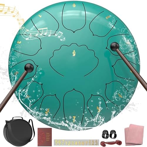 D Major Steel Tongue Drum Handpan, 12 Inch 13 Note Rain Drum for Outside Garden, Meditation Rain Chime, Musical Percussion Instrument for Adult Gift with Bag, Music Book, Drum Mallets (Lake Blue) by INNOWARMER
