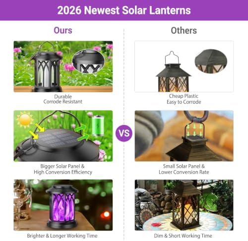 KOOPER 4 Pack Solar Lantern Outdoor Lights, Upgraded Flickering Flame Solar Lanterns Lights Outdoor Waterproof, Hanging Lantern Decorative, Solar Powered Lanterns for Yard Garden Decor (Purple Light) - Image 6