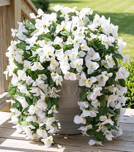 Faux Bougainvillea Artificial Flowers for Outdoors Fake Plants Outside Decoration, 2 PCS White Faux Flowers UV Resistant Look Real Silk Long Trailing Vines for Front Door Porch Planter Patio Garden by INSPRING