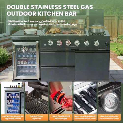65" Rolling Outdoor Kitchen Island,Built-In 4-Burner 72,000 BTU Stainless Steel Gas Grill with Rotisserie Oven,Granite Countertops & Beverage Fridge.(Black + Fridge, Natural Gas) - Image 5