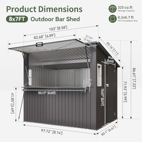 Aoxun 8x7 FT Outdoor Bar Shed with Canopy Black - Image 2