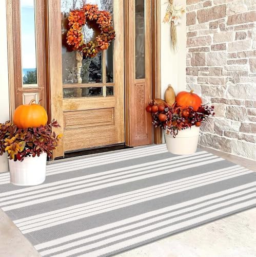 Grey and White Outdoor Rug 3'x 5'Cotton Washable Front Porch Mat Area Rug by BUAGETUP