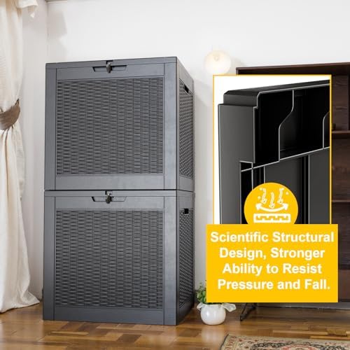 ROJIK 30Gallon Outdoor Storage Box - Waterproof Patio Furniture Deck Box, Garden Tools, Cushions, Pool Accessories Storage Bench with Lockable Lid and Side Handles (Black Rattan, 30 Gal) - Image 6