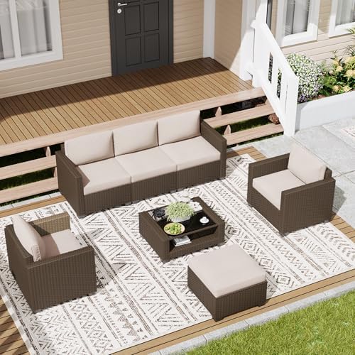 LOUVIXA 7 Piece Outdoor Patio Furniture Set, Rattan Chairs Glass Table Wicker Conversation Seating Sectional Sofa with Cushions (Brown-Beige, 7Pcs-2 Layer Coffee Table) - Image 5