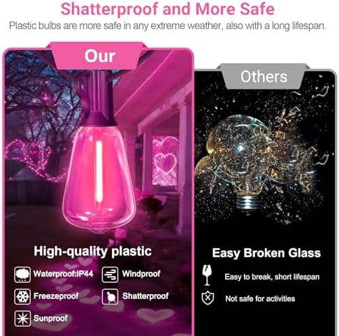 LAMPHOME 26Ft ST38 Outdoor String Lights, Pink Valentine's Day Patio Lights with 12+1 ST38 Edison Bulbs, LED Shatterproof String Lights for Outside Bistro Christmas Wedding Party Decorations - Image 4