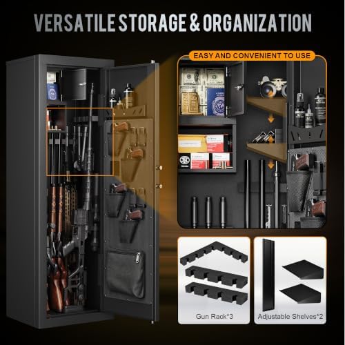 KAER 59" Tall Biometric Gun Safe for Rifles and Pistols with Top Lock Box, 10-15 Quick Access Rifle Safe with Adjustable Shelves & Rack, Door Organizer, LED Light, Long Gun Cabinet for Home Office - Image 3