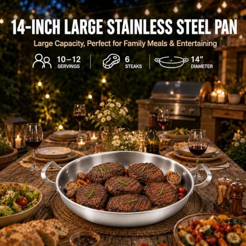 Yeksum Tri-Ply Stainless Steel Paella Pan, 14.5 inch Large Skillet,12 Servings 18/10 Large Paella pan with Lid,Jumbo Cooker,Perfect for Outdoors, Camping, Parties - Image 5