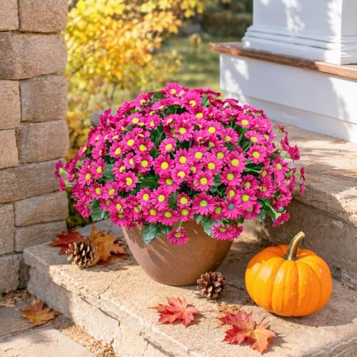 Daisy Artificial Flowers for Outdoors Autumn Fall Decoration, 6 Bundles Fake Mums Dark Red Silk Flowers for Outside Look Real UV Resistant Faux Flowers Plants for Planter Front Door Home Indoor Porch - Image 4