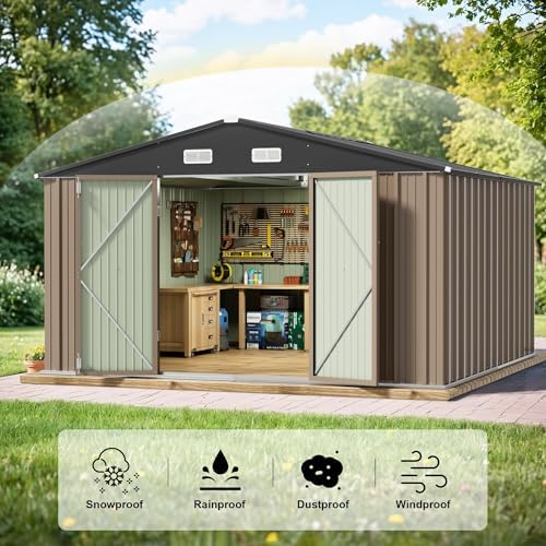 JUMMICO 10 x 8 FT Outdoor Storage Shed, Large Metal Garden Shed & Tool Sheds for Backyard Garden Patio Lawn (Brown) - Image 6