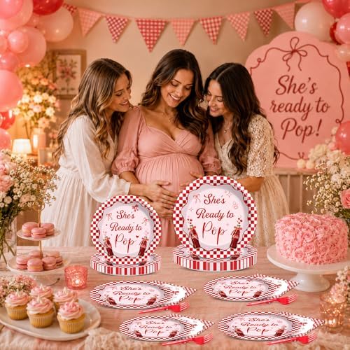 96 PCS She's Ready to Pop Party Paper Plates and Napkins Red White Checkered Bow Soda Pop for Baby Shower Gender Reveal Newborn Party SuppliesBirthday Gatherings Decorations - Image 5