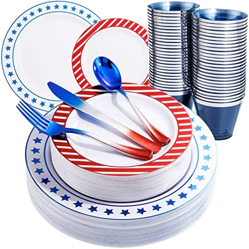 LIYH 180 Pcs 4th of July Plates - Red White and Blue Plastic Silverware & Patriotic Party Supplies Include Dinner & Dessert Platos, Forks, Knives, Spoons, Cups 4th of July Decorations by LIYHLoveinyourheart