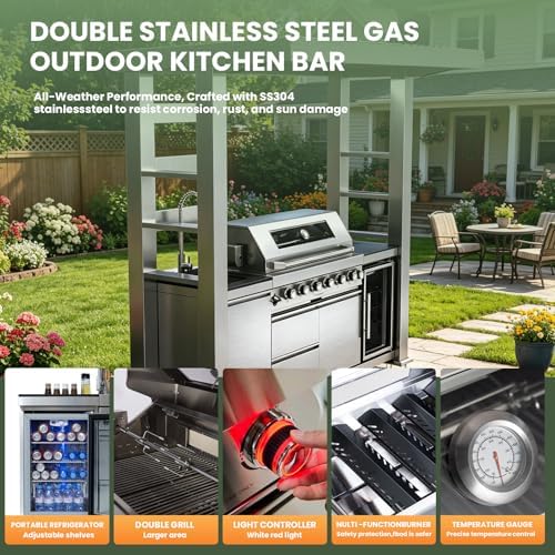 94" Stainless Steel Outdoor Kitchen Island with 6-Burner 85000 BTU,Heavy-Duty Natural Gas Grill with Rotisserie Oven,Galvanized Steel Roof,Granite Countertops,Refrigerator,Sink.(Natural Gas) - Image 4
