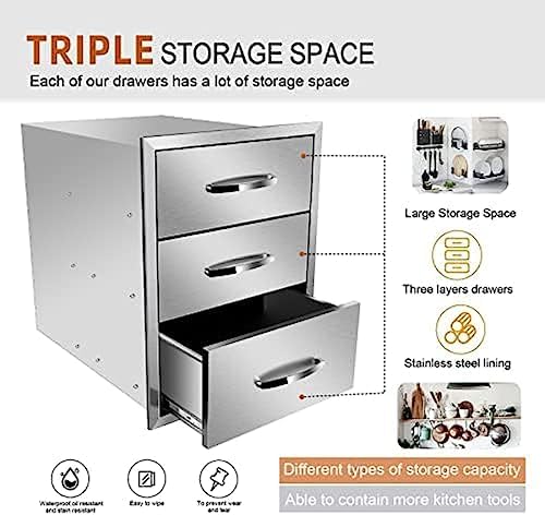 Stainless Steel Outdoor Kitchen Drawers - 3-Drawer BBQ Drawer, Built-in, Flush Mount for Outdoor Kitchens & BBQ Islands, 18Wx23Dx24H - Image 4