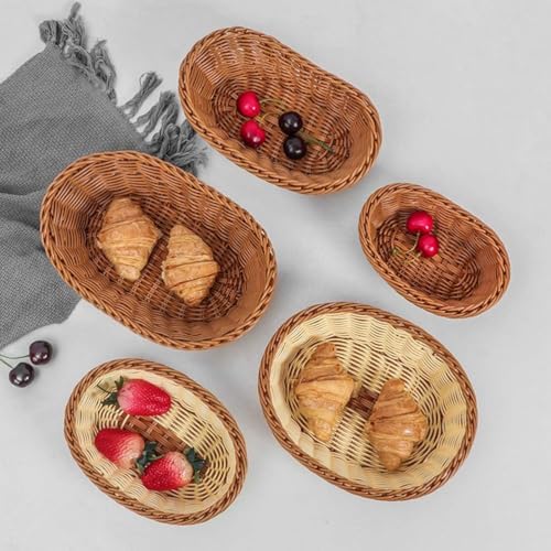 Yarlung 3 Pack Small Woven Breads Baskets, Oval Fruit Baskets Stackable Plastic Wicker Basket for Serving Vegetables, Kitchen, Restaurant, Outdoor, Imitation Rattan Brown, 3 Sizes - Image 5