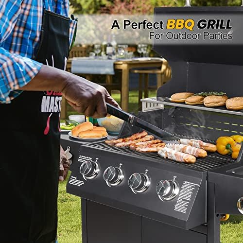 Propane Gas Grill 4 Burners with Side Burner Freestanding Grill Cart with Wheels for Outdoor Garden Cooking Barbecue Grill, Black - Image 2