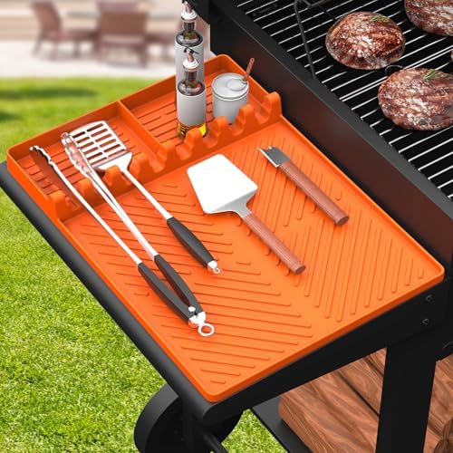 Silicone Griddle Tools Mat for Blackstone, Griddle Accessories Side Shelf Mat Grill Pad for Outdoor Grill Kitchen Counter Spatula Silicone Mat with Drip Pad (Orange) by SARTNP