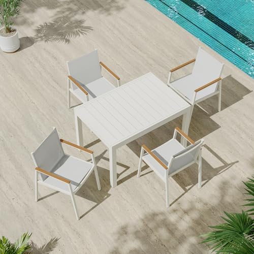 Expandable Outdoor Patio Dining Table Set for 6-8 Person, Aluminum Outdoor Table and 4 Chairs with Textilene Fabric & HDPS Armrest, All-Weather Patio Furniture Set for Yard, Garden, White by Oasbira