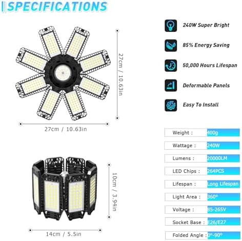 Garage Light 6 Pack - 240W 24000LM 6500K Garage Lights Ceiling LED with 8+1 Deformable Panels, E26/E27 Screw Socket in LED Shop Light for Workshop, Basement, Gym, Barn, Warehouse etc Bay Lighting - Image 4