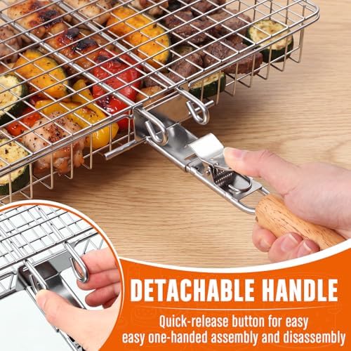 Havawish 3 Pcs BBQ Basket Grill Set 430 Stainless Steel Rectangular Grill Basket with Removable Wooden Handle 2 Rolling Cylinder Baskets for Vegetables Fish Meat Outdoor Grilling Gift for Dad Husband - Image 3