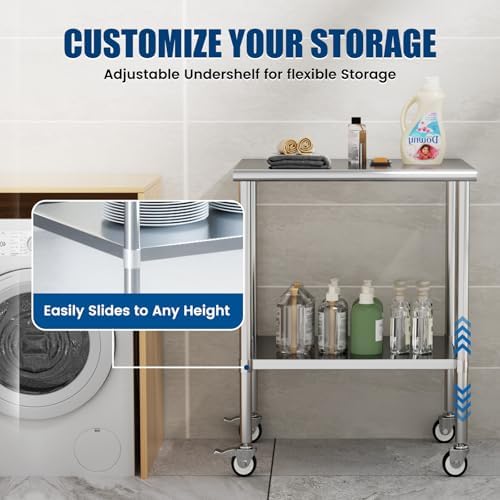 Stainless Steel Work Table with Wheels, 24x30 Inch NSF Kitchen Prep Table with Adjustable Undershelf for Commercial Restaurant, Garage, Outdoor BBQ - Image 4