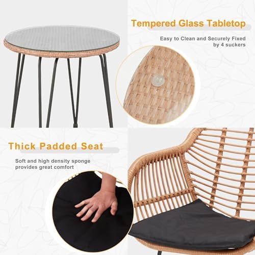 Tappio 3 Piece Outdoor Wicker Furniture Patio Bistro Set, Balcony Furniture Rattan Conversation Sets, Outdoor Patio Chairs Set for Porch Poolside Garden, Black - Image 5