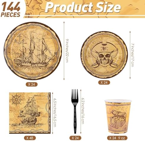 Kochorie 144 Pieces Pirate Party Supplies, Treasure Map Tableware Sets Including Disposable Paper Plates Napkins Cups Forks Serves 24 for Treasure Theme Birthday Party Decorations - Image 2