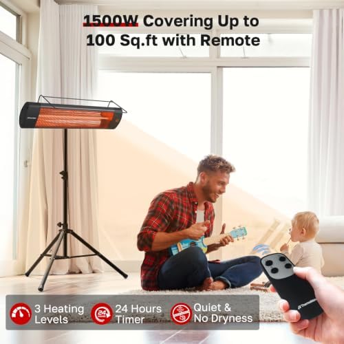 ThermoMate Infared Patio Heater for Outdoor with Tripod, Electric 1500W IP65 Waterproof with Remote, 3 Heating Levels & 24H Timer for Restaurant Backyard, Plug-in 120V Black - Image 4
