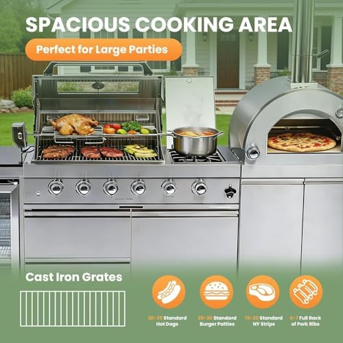 112" Outdoor Kitchen Island,Stainless Steel Natural Gas BBQ Grill with Pizza Oven, Rotisserie, Refrigerator, Standalone Side Burner,Granite Countertop, Storage Cabinets & Drawers 108000 BTU. - Image 3