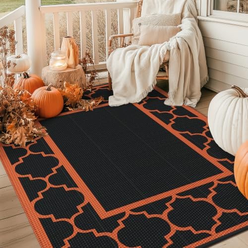 GENIMO Outdoor Rug, Waterproof Plastic Rugs for Patio, 6'x9' Black Orange - Image 3