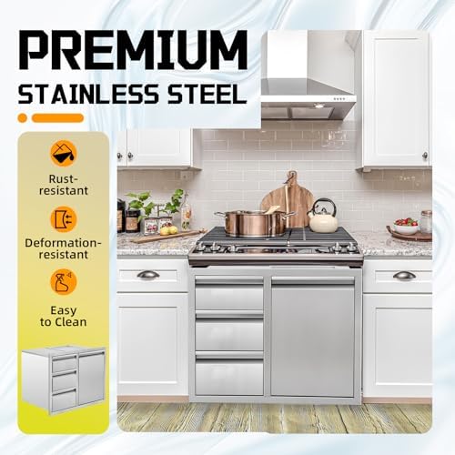 Outdoor Kitchen Drawer Combo 28" W x 20.1" H x 19.8" BBQ Triple Drawers & Stainless Steel Trash Drawer, Outdoor Kitchen Cabinet, Perfect for Patio Grill Station - Image 5