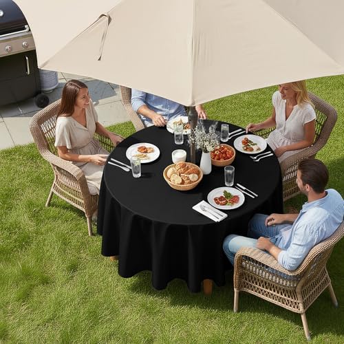 LUSHVIDA Round Outdoor Tablecloth with Umbrella Hole 60 Inch Black - Image 2