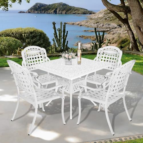 VIVIJASON 5-Piece Outdoor Patio Dining Set, All-Weather Cast Aluminum Conversation Set, Patio Furniture Set, Include 4 Chairs, a 35.4" Square Table w/Umbrella Hole, White - Image 7