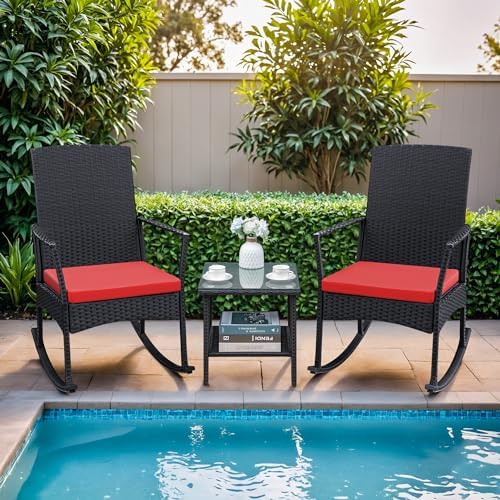 Greesum 3 Pieces Patio Furniture Set Outdoor Wicker Rocking Chairs,Red - Image 3